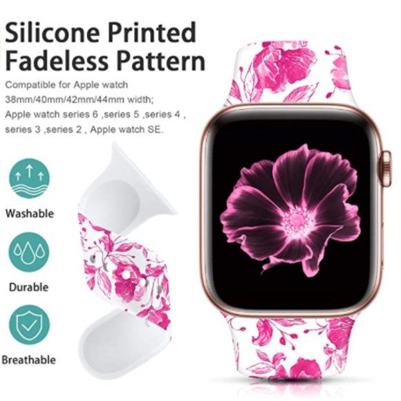 FLAPI Silicone Pink Flower Band for iWatch 38mm/40mm/41mm/42mm/44mm… - Picture 2 of 3